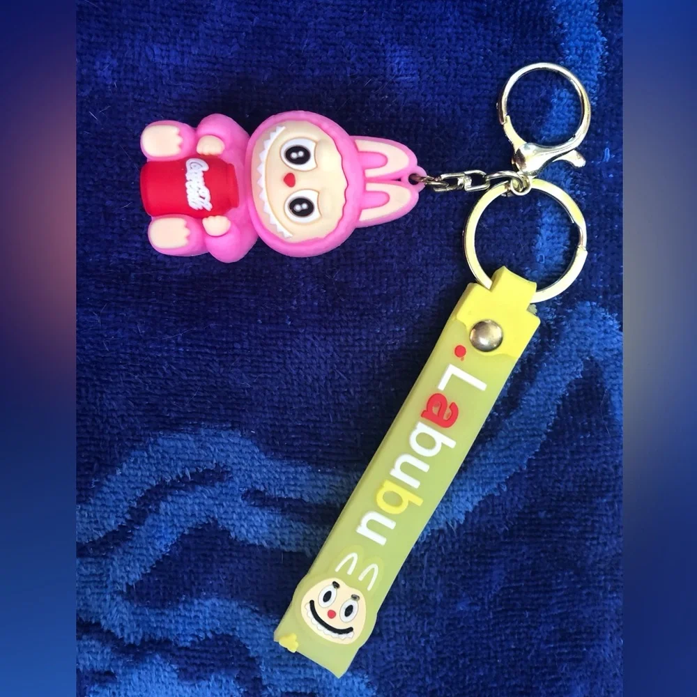 Labubu Pink Bunny with Coca Cola Keychain and Yellow Wristlet Strap NEW & CUTE